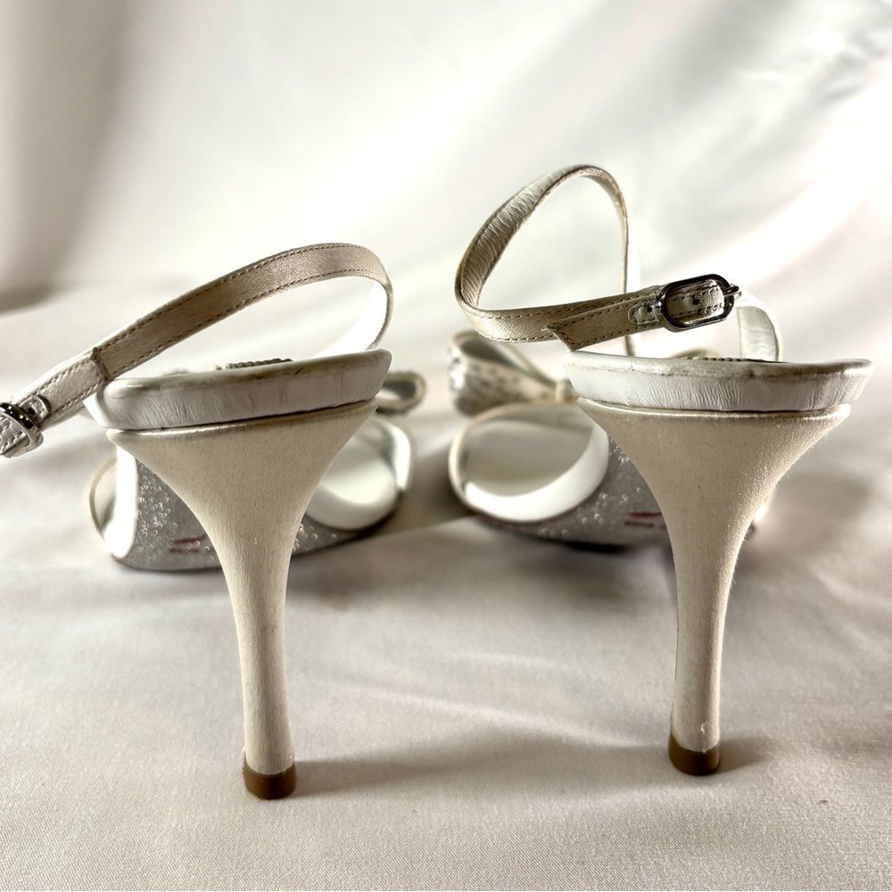Rene Caovilla Crystal Bow Satin White Heels Bridal Evening Sandals - Picture 9 of 12